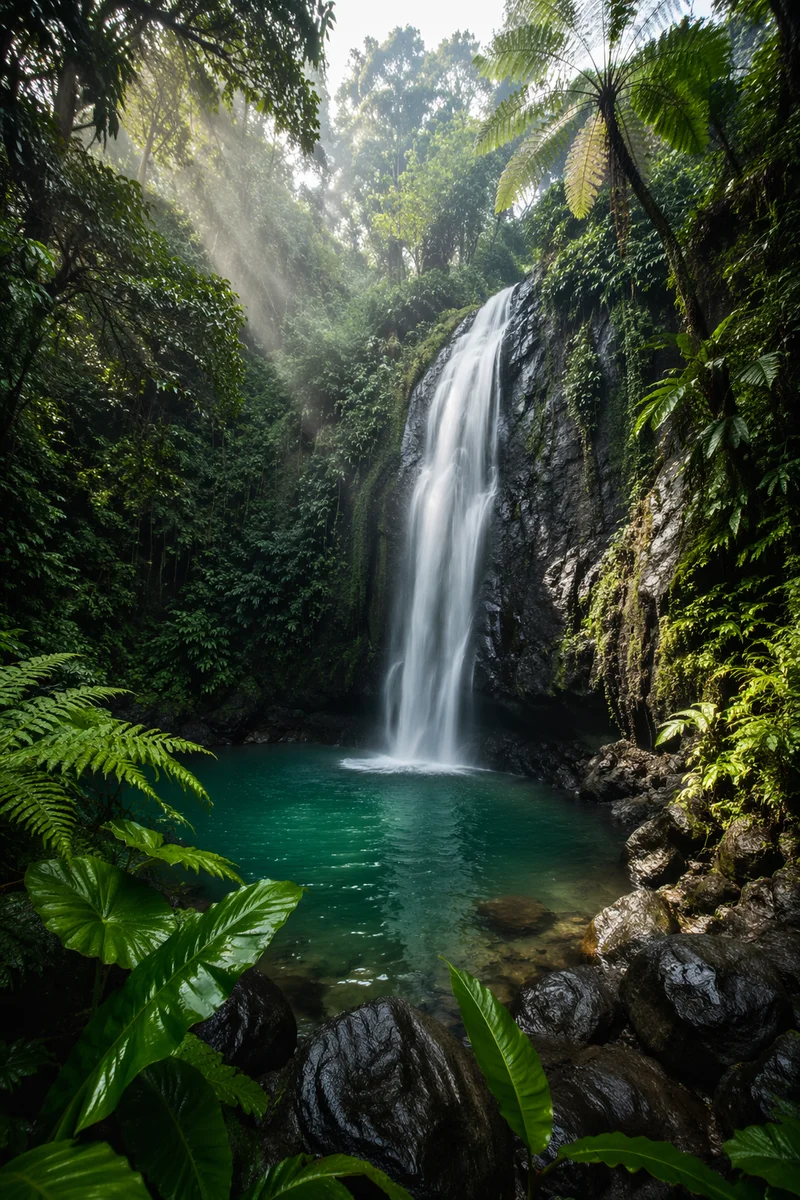 Secluded Tropical Jungle Waterfall at Dawn