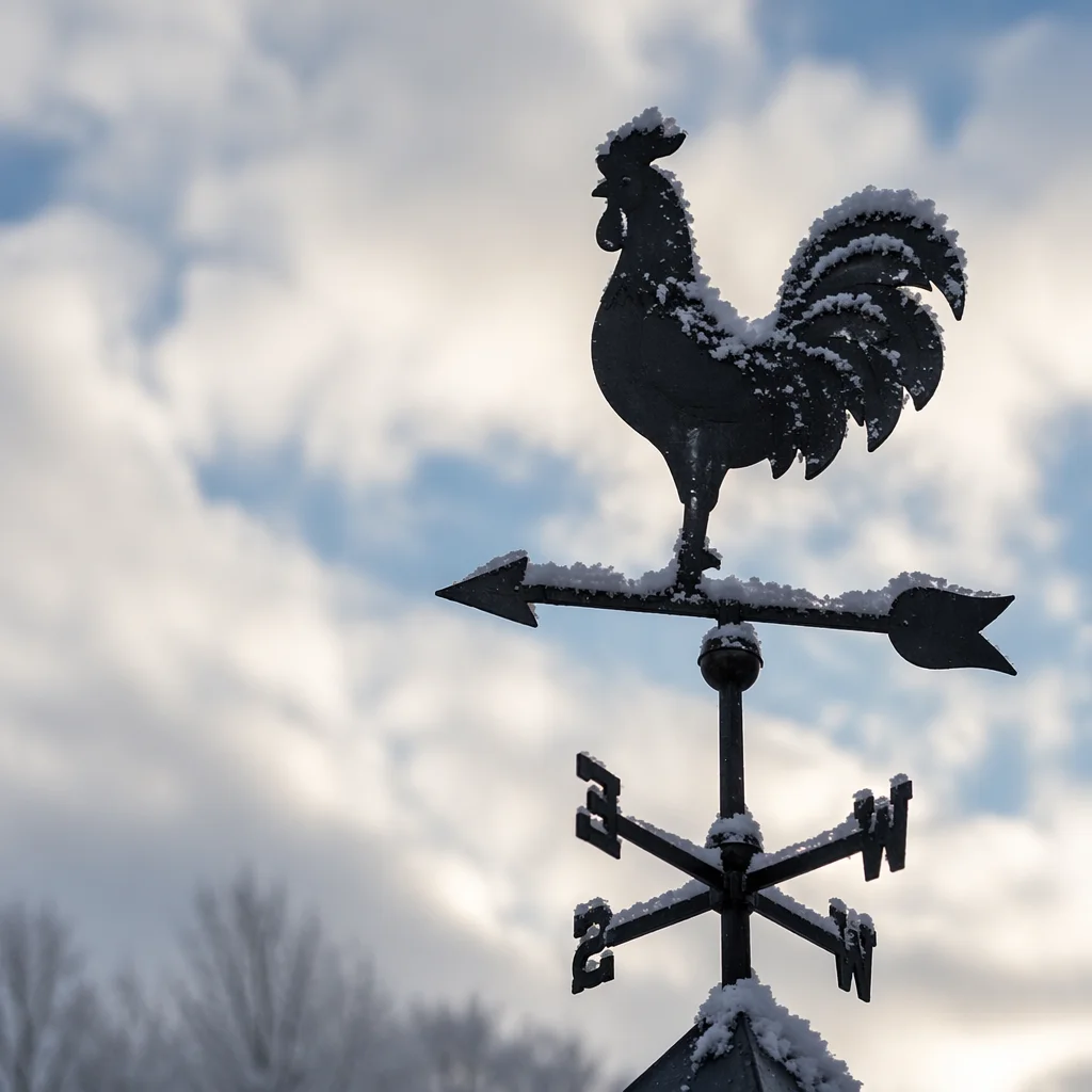Snowy Rooster Weather Vane Winter Sky