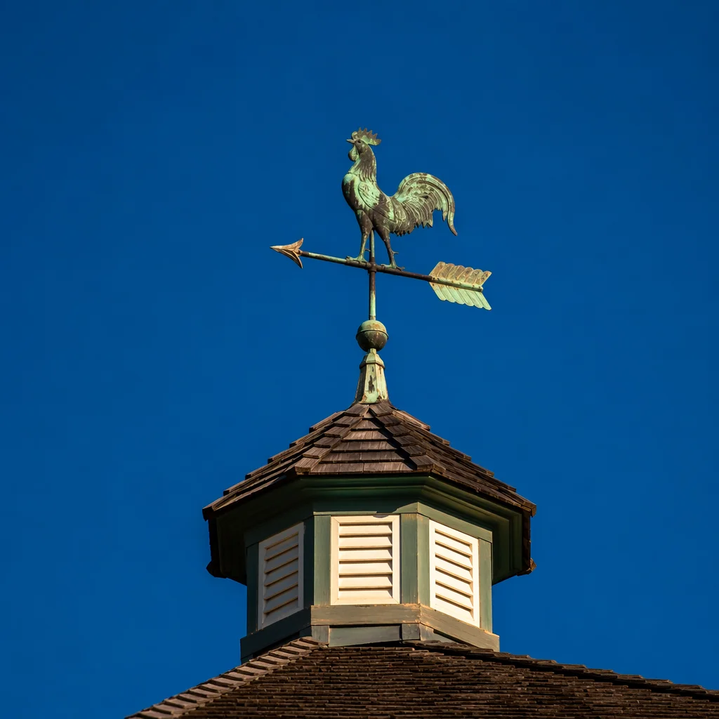 Rustic Rooster Weather Vane Under Blue Sky