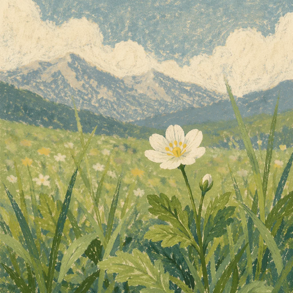 Spring Wildflower Meadow Before Soft Mountains