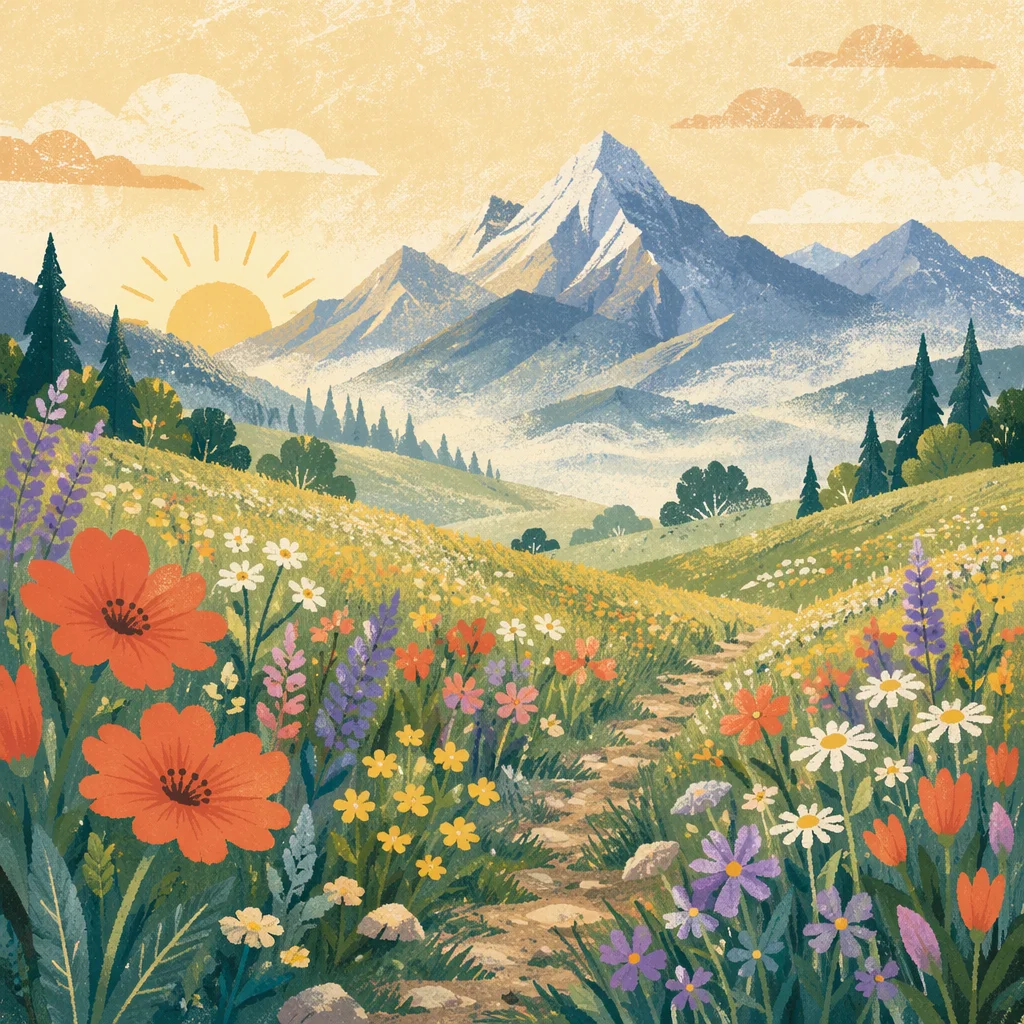 Spring Wildflower Meadow Beneath Mountain Sunrise