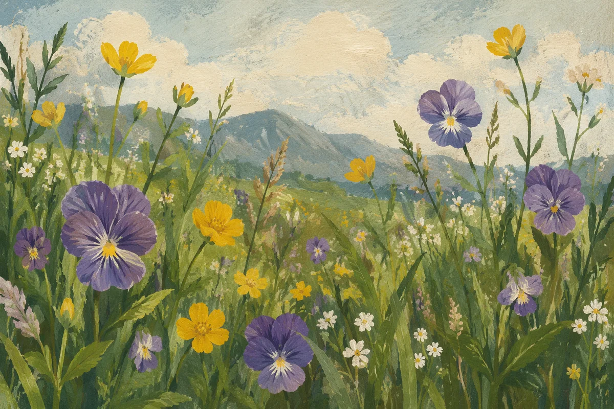 Spring Wildflower Meadow Before Soft Mountain Ridge