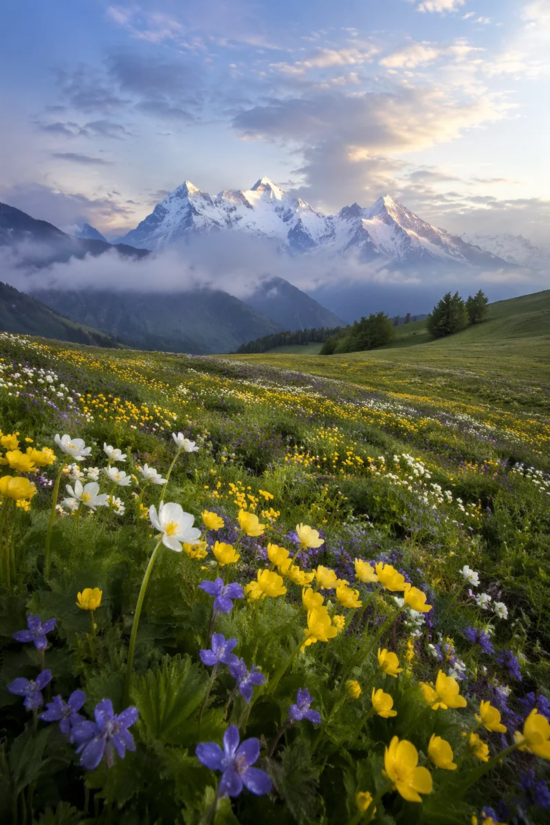 Spring Wildflower Meadow Beneath Misty Mountains
