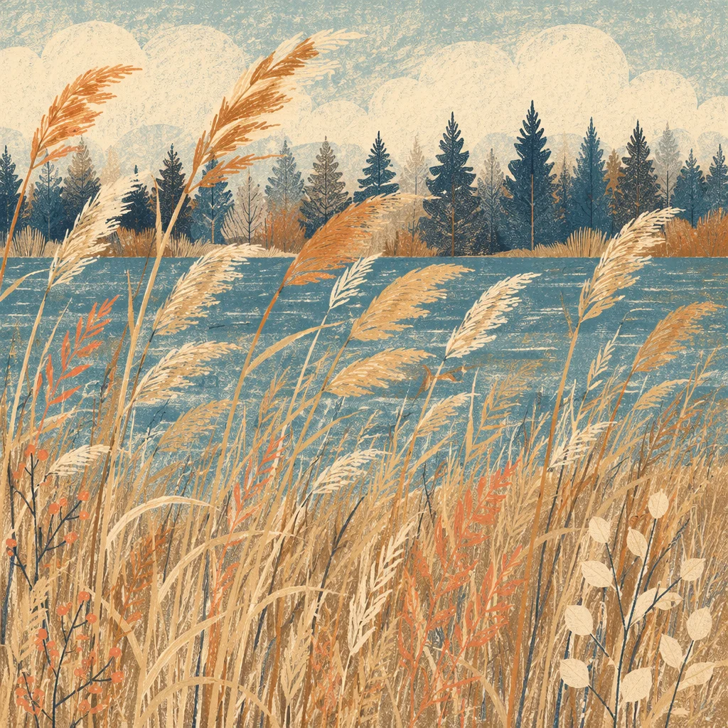 Golden Wheat Reeds by Calm Lake