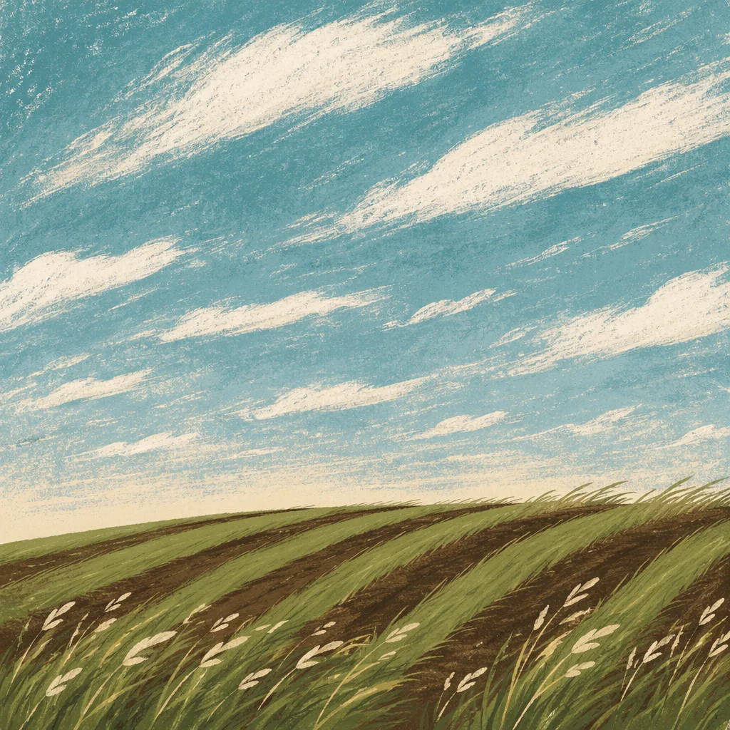 Windy Grass Field Beneath Racing Clouds