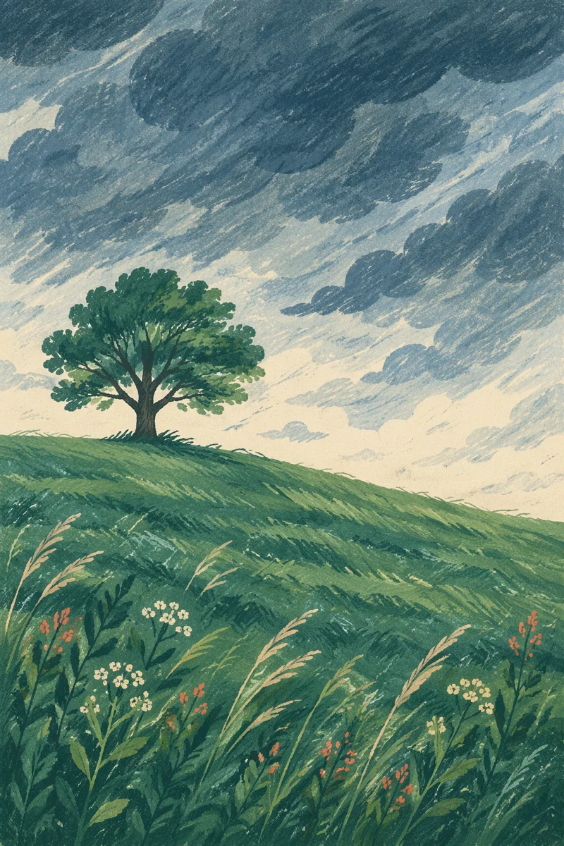 Solitary Tree in Windy Grass Field