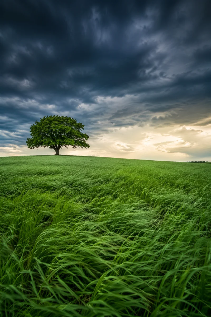 Windswept Grass Field Under Storm Clouds