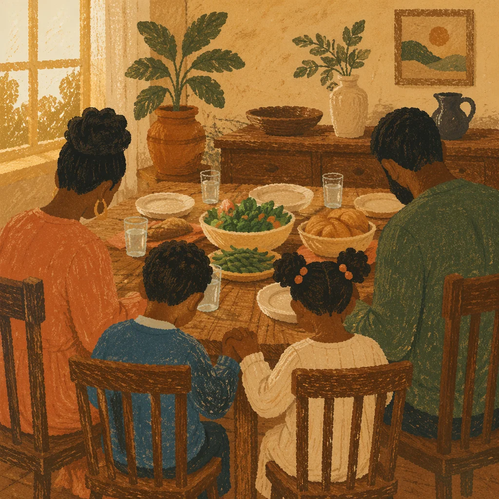 African American Family Prayer at Dinner Table