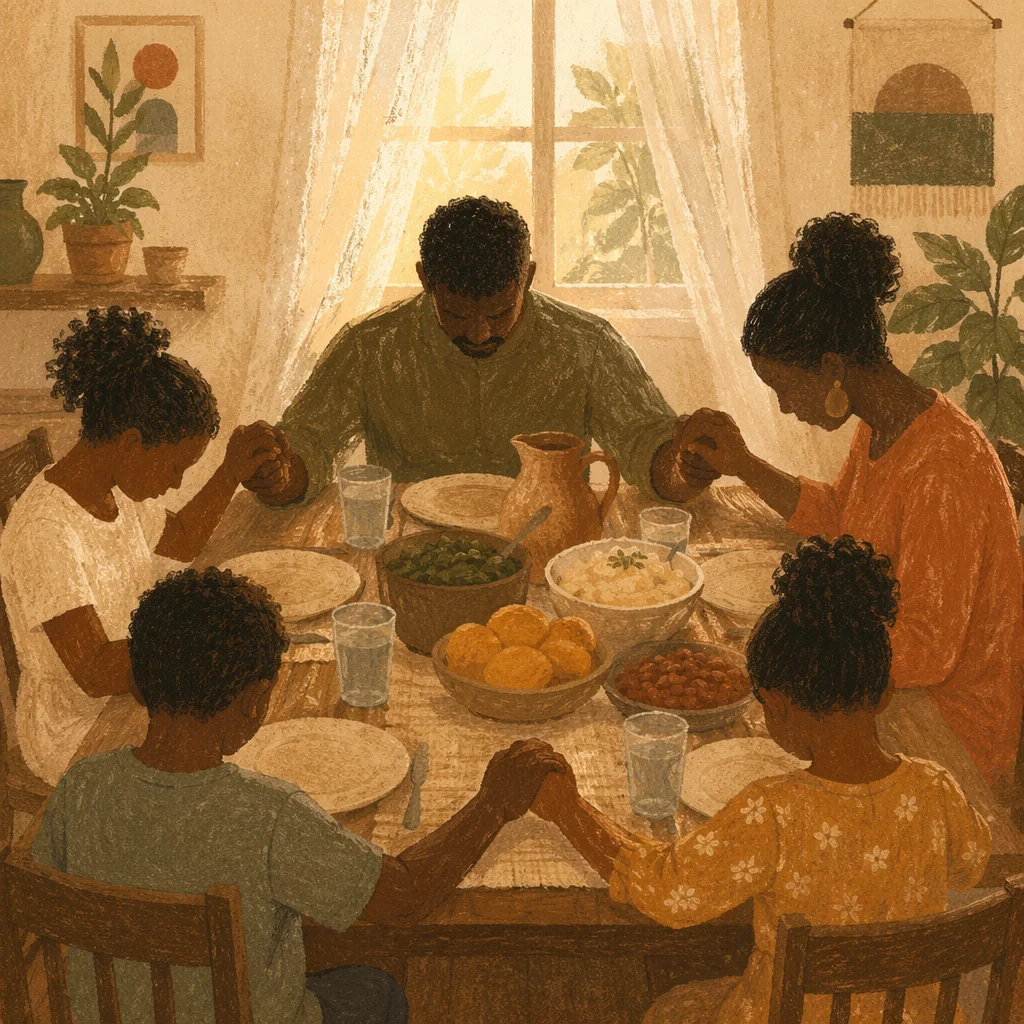 African American Family Prayer at Dinner Table