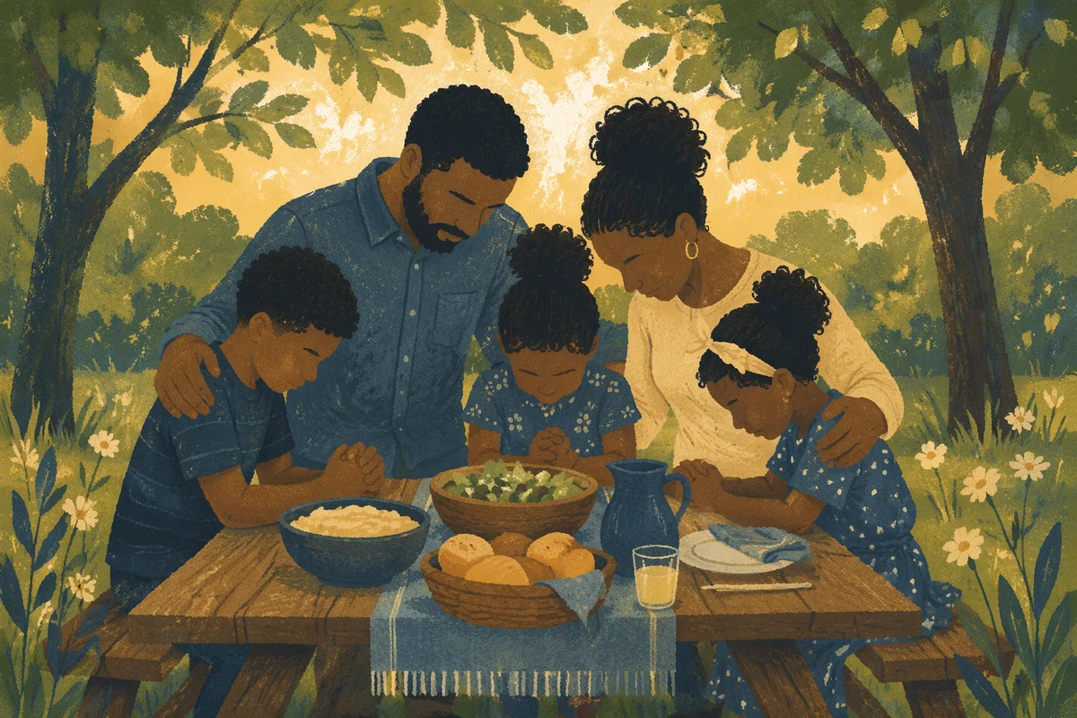 African American Family Prayer at Picnic Table