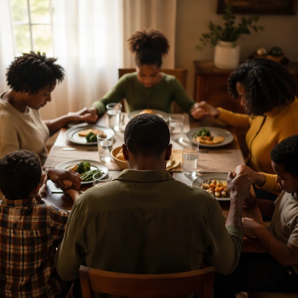 African American Family Prayer at Dinner Table