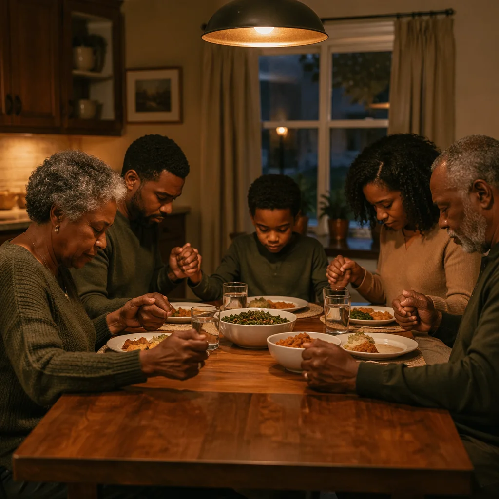 African American Family Praying Before Dinner