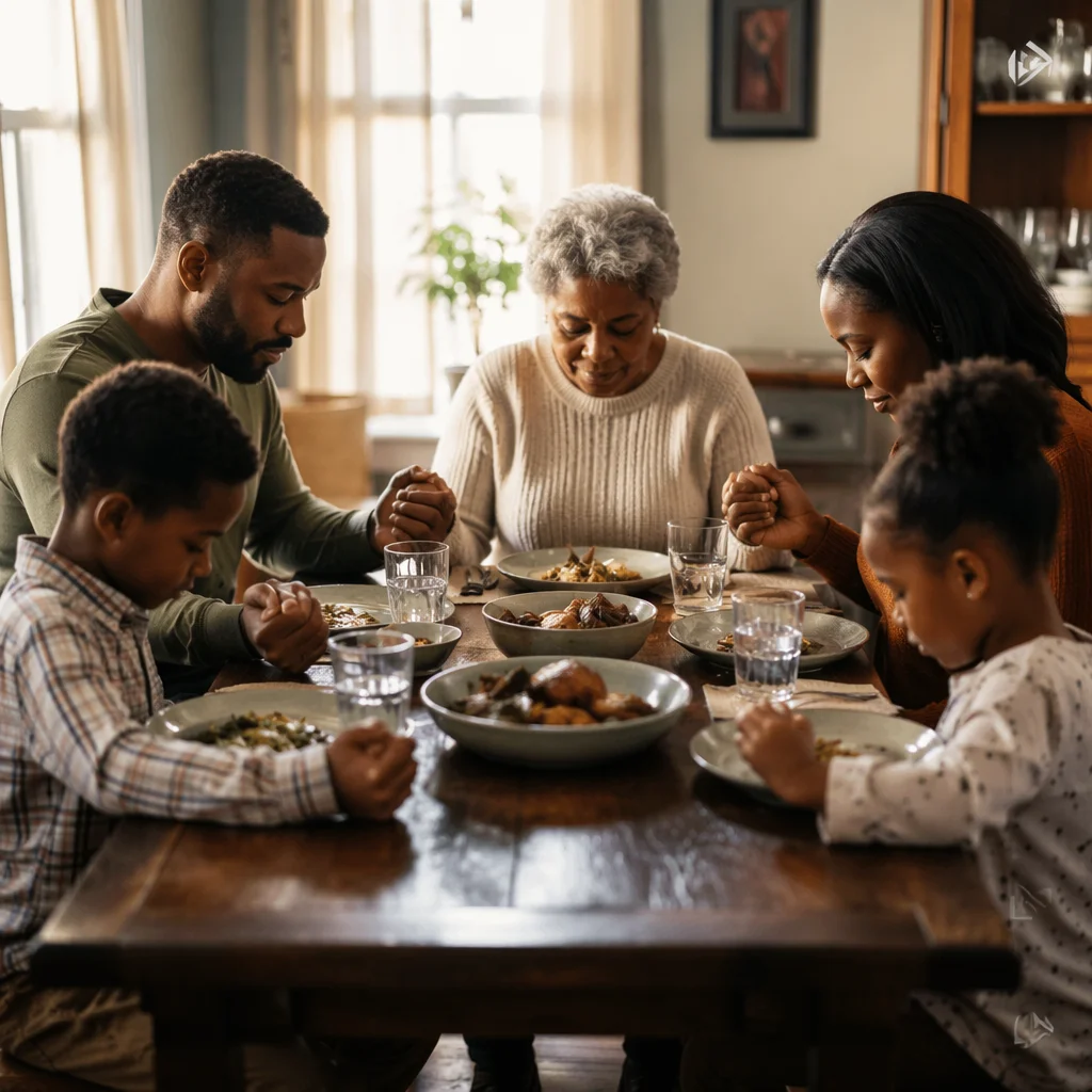 African American Family Praying Before Dinner