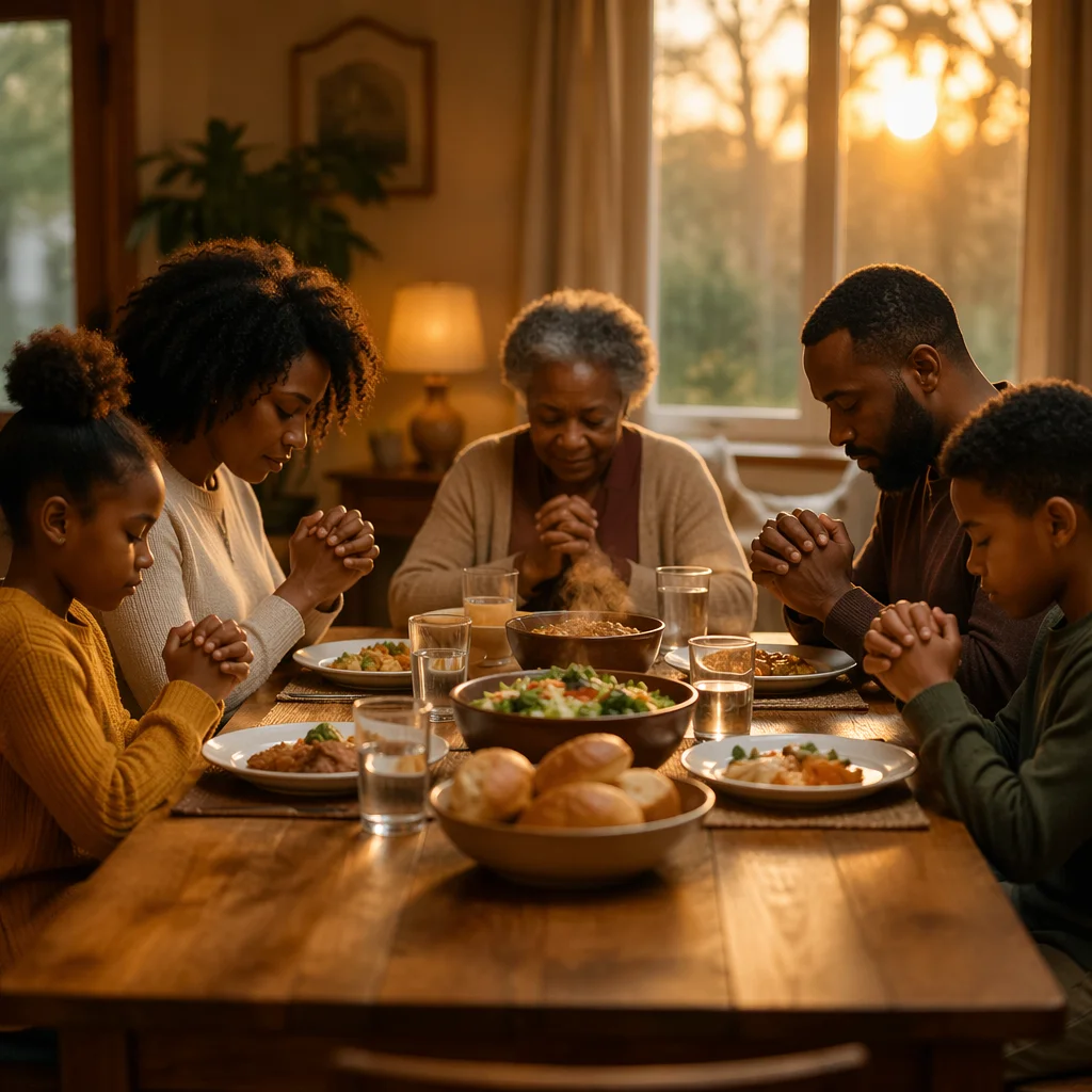 African American Family Praying at Dinner Table
