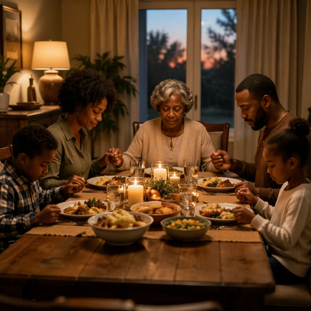 African American Family Praying at Dinner Table
