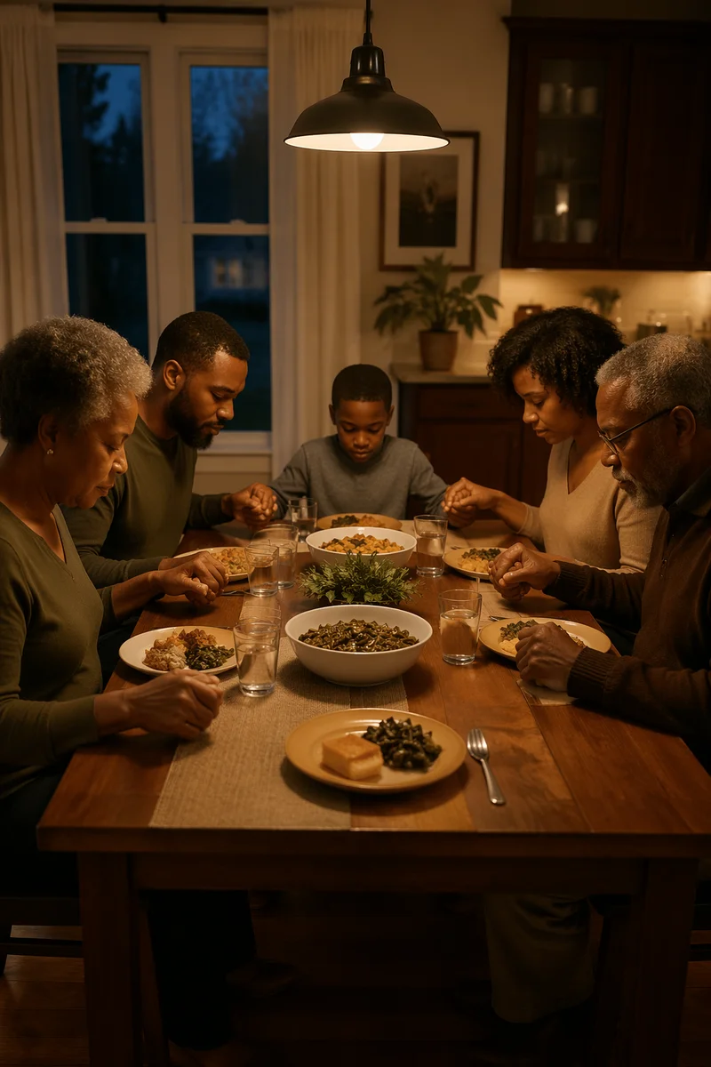 African American Family Prayer at Dinner Table