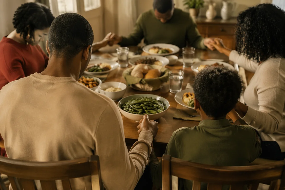 African American Family Prayer at Dinner Table