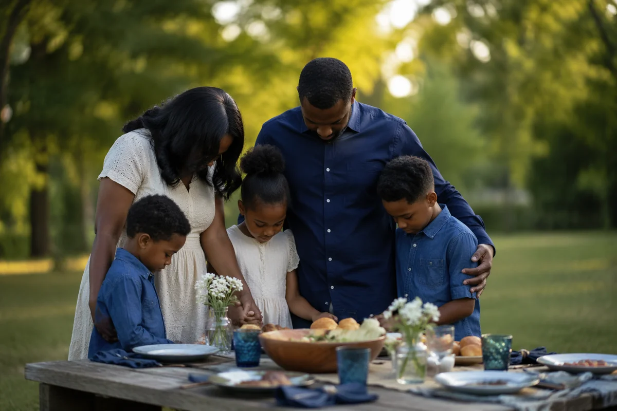 African American Family Prayer at Picnic Table