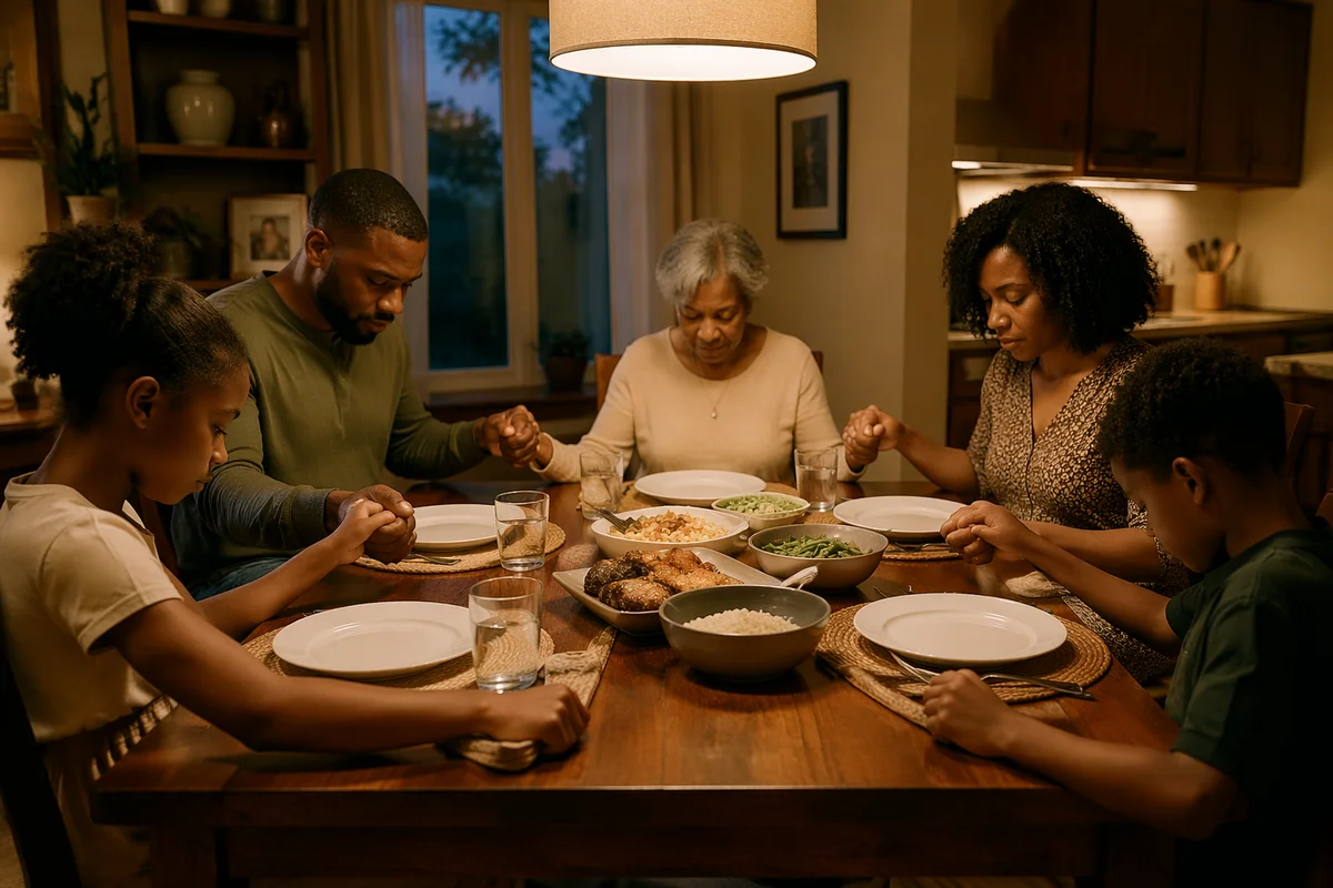 African American Family Praying Before Dinner