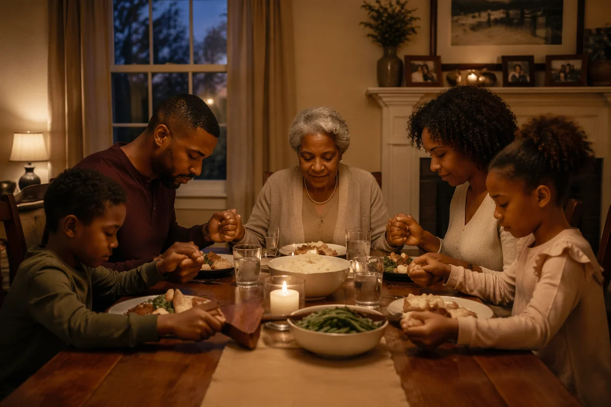 African American Family Praying at Dinner Table