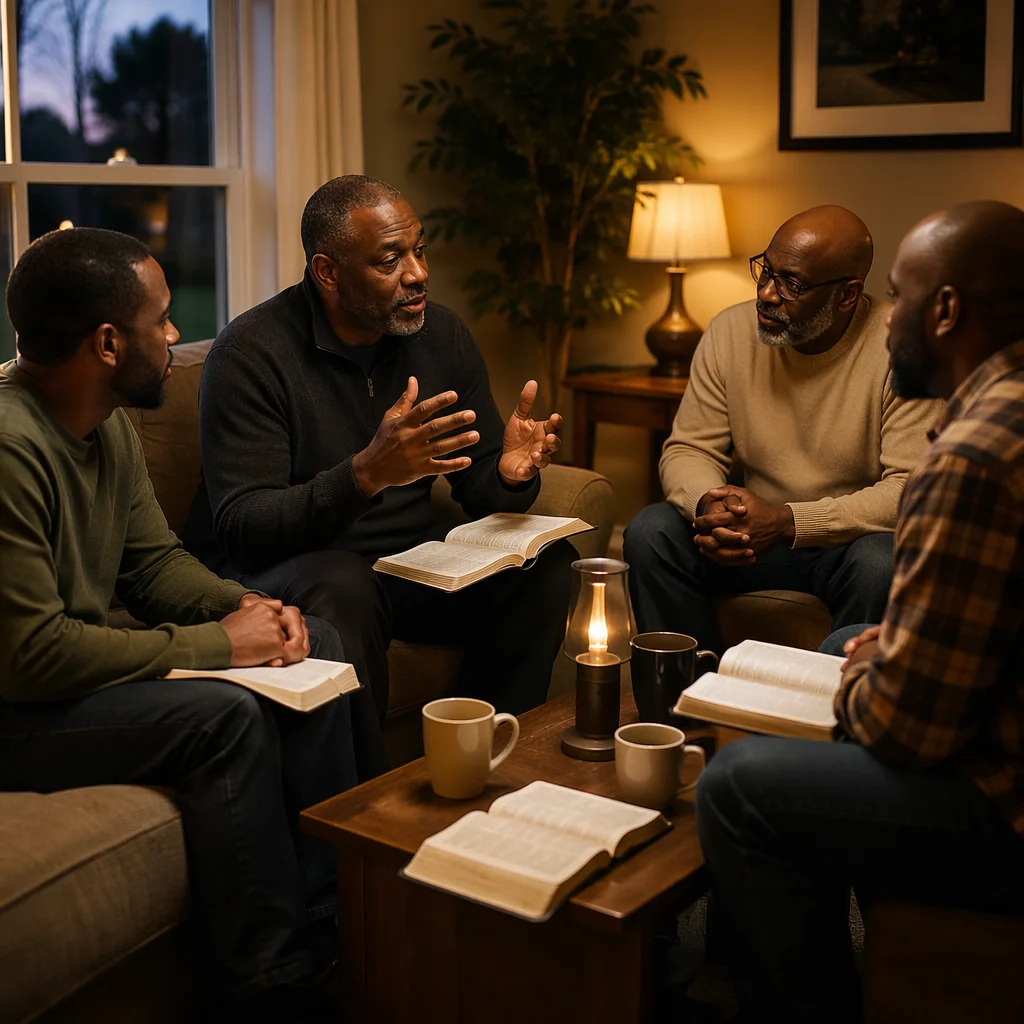 Four Men Reading Together in Living Room