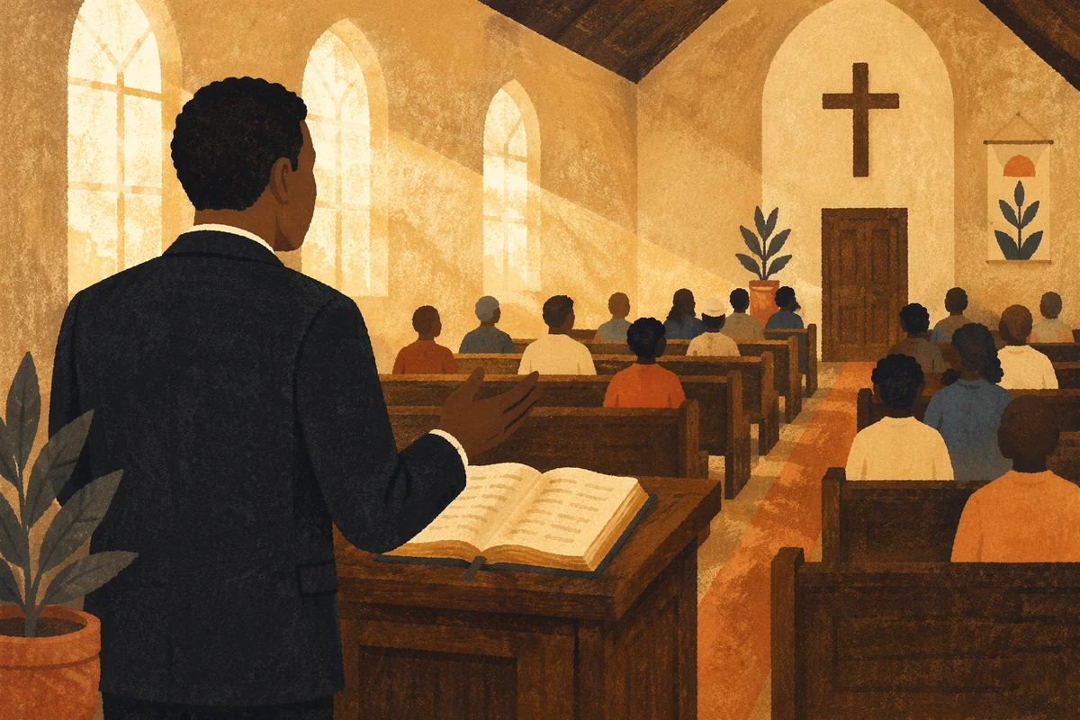 African American Pastor Preaching at Wooden Pulpit