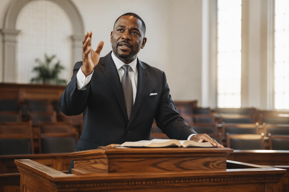 African American Pastor Preaching at Pulpit