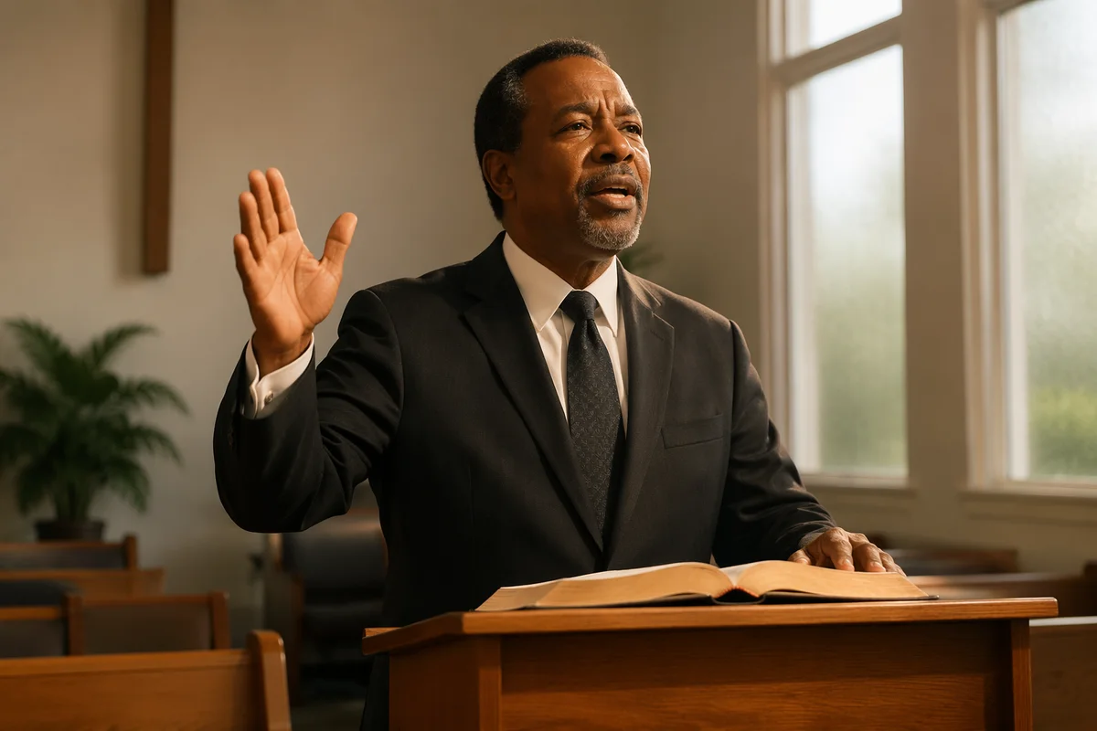 Pastor Preaching Behind Wooden Church Pulpit