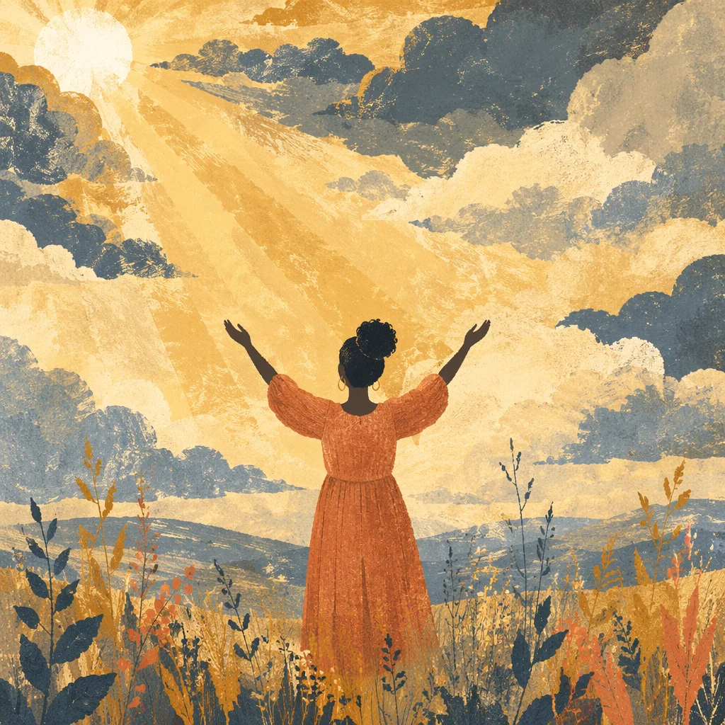 Silhouette Woman with Raised Arms in Field