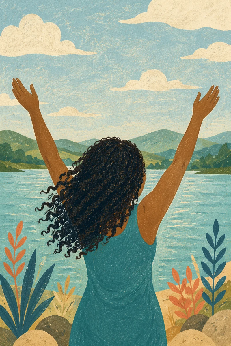 Woman with Raised Arms by Lake