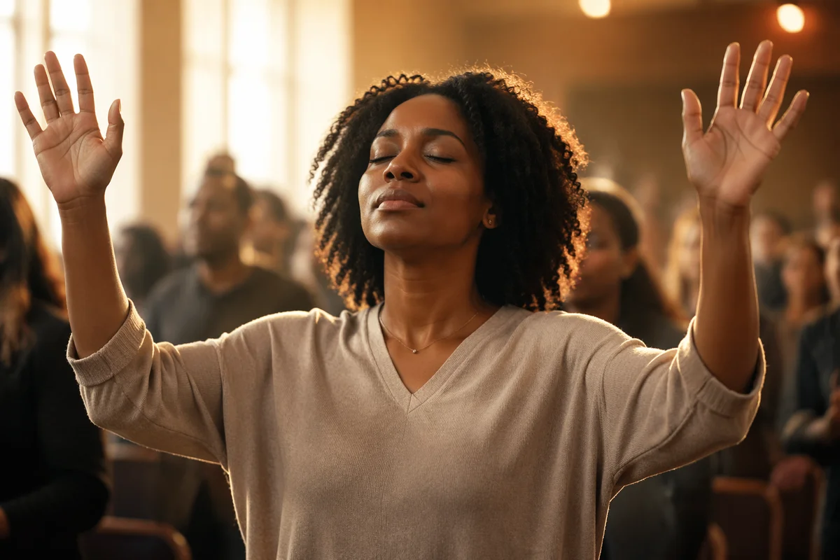 African American Woman with Hands Raised