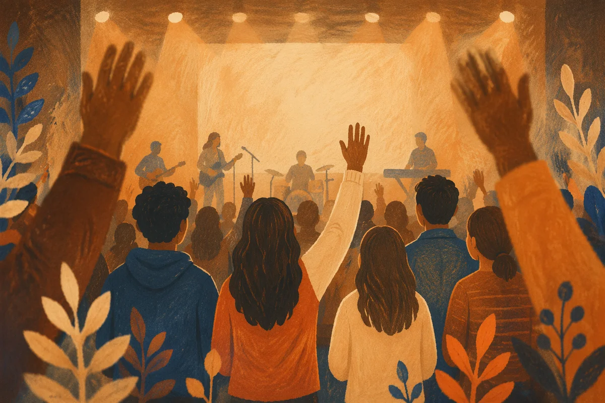 Raised Hands in Modern Auditorium Gathering