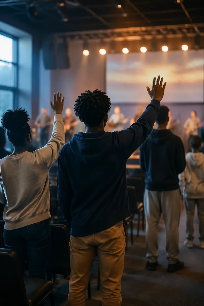 Teenagers Raising Hands in Community Hall