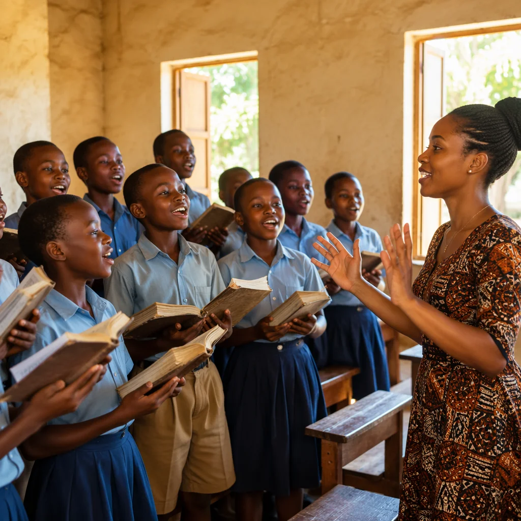 African Schoolchildren Singing in Rural Classroom