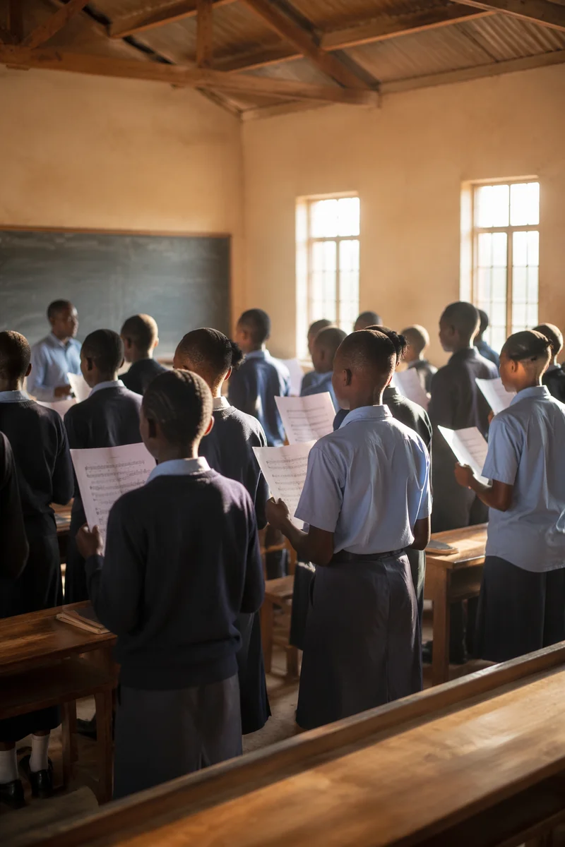 African Schoolchildren Singing in Sunlit Classroom