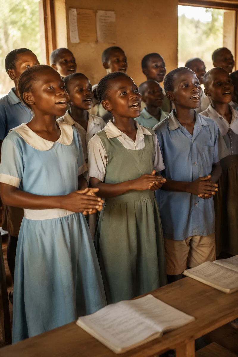 African Schoolchildren Singing in Rural Classroom