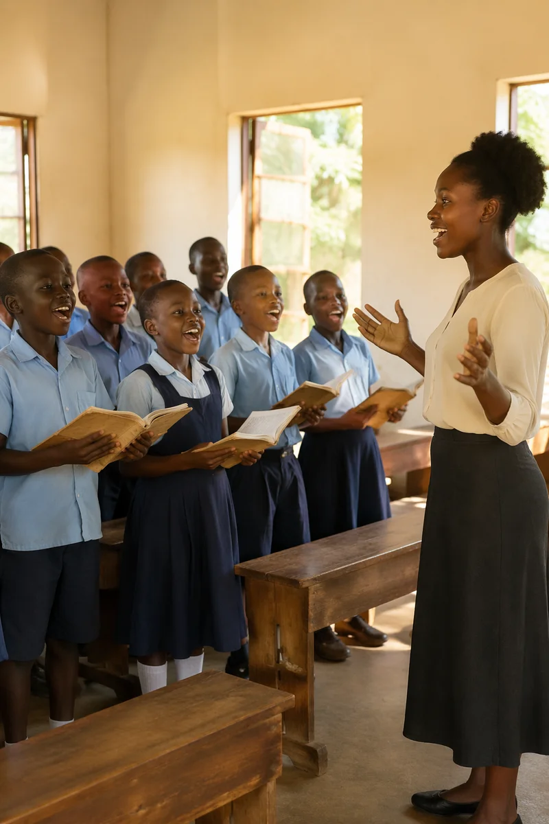 African Schoolchildren Singing in Rural Classroom