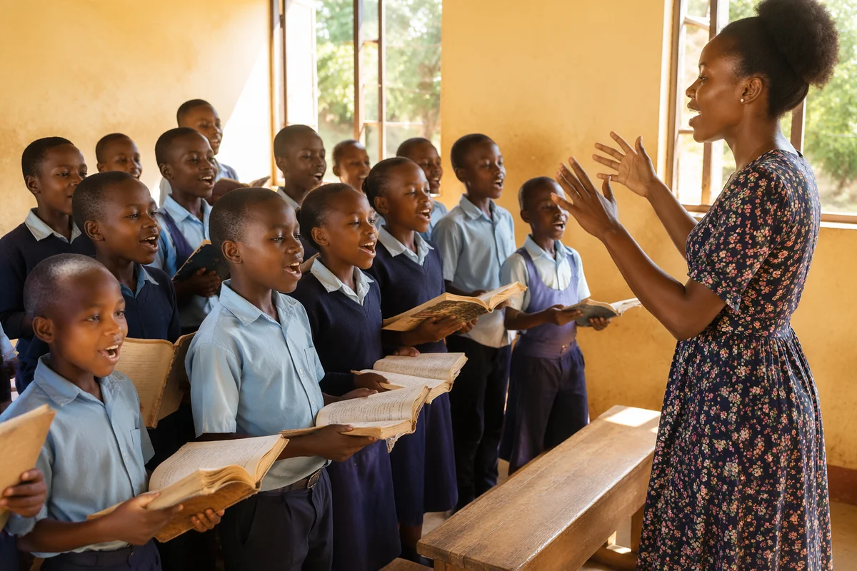African Schoolchildren Singing in Rural Classroom
