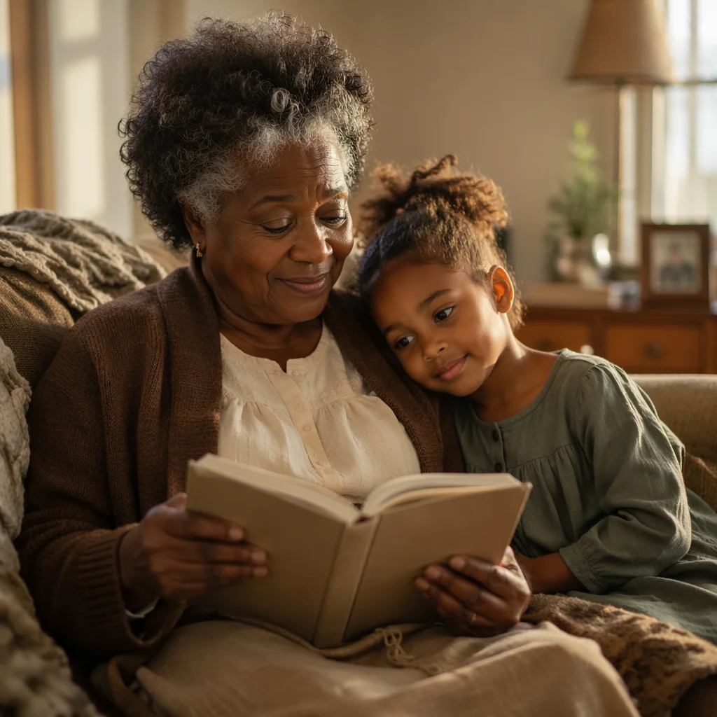 Grandmother Reading Book to Granddaughter Indoors