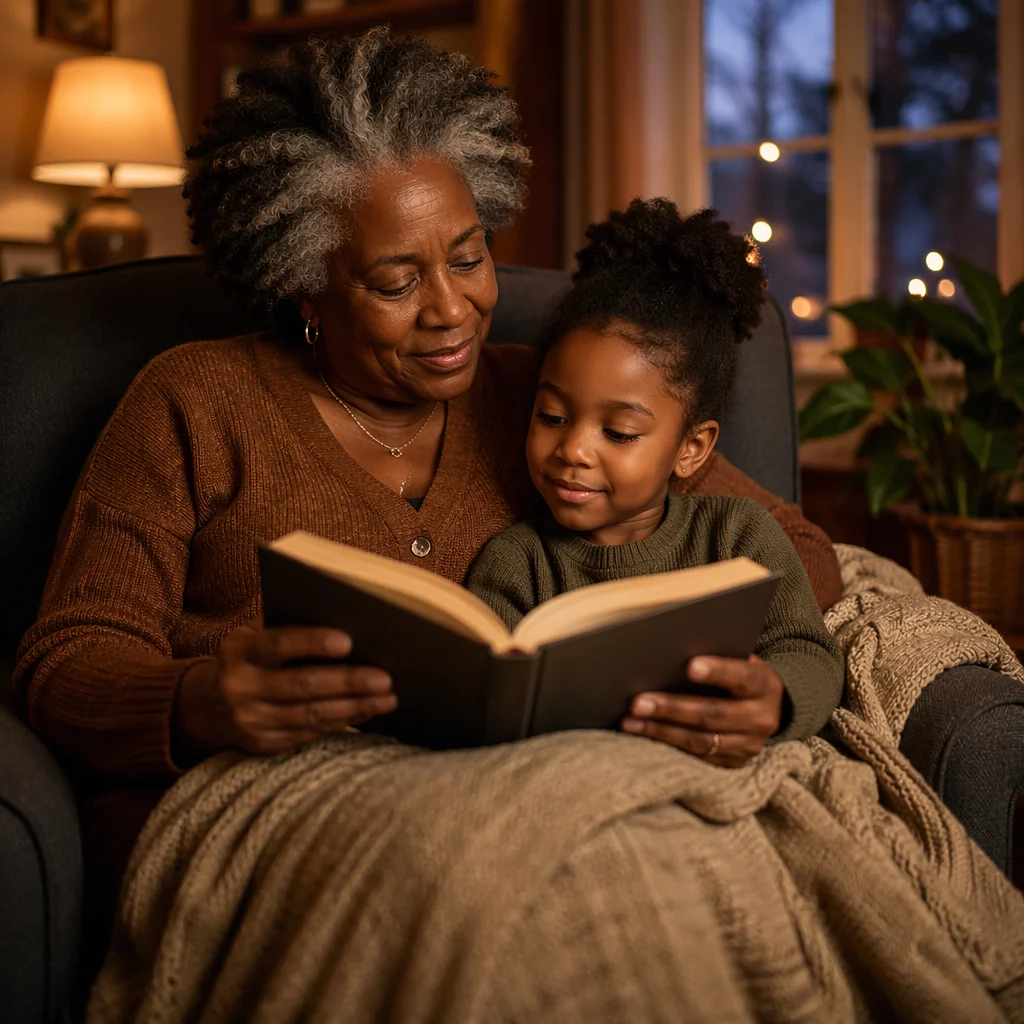 Grandmother Reading Book to Grandchild Indoors
