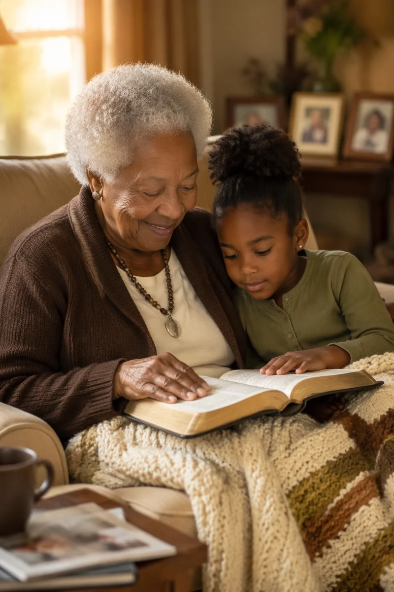 Grandmother Reading Book to Grandchild Indoors