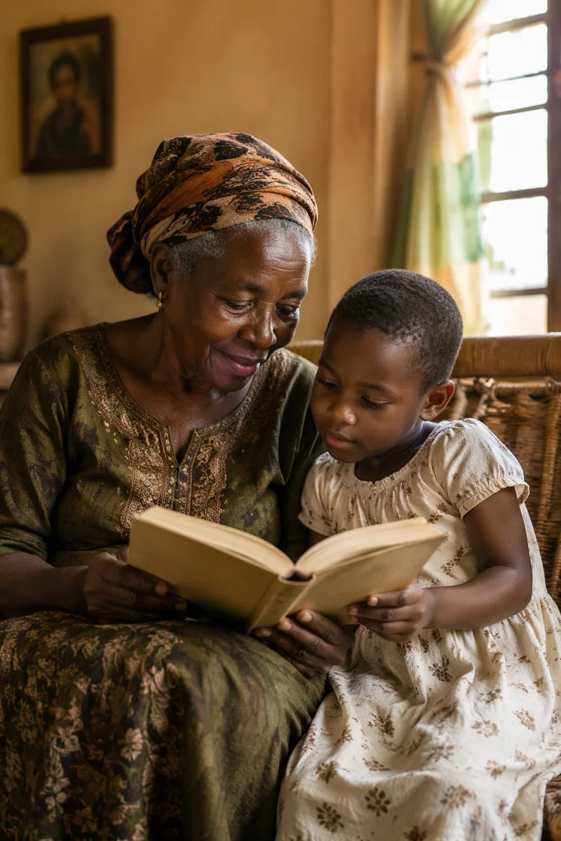 Grandmother Reading with Grandchild Indoors