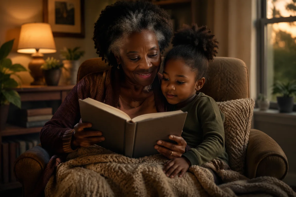 Grandmother Reading to Grandchild at Dusk