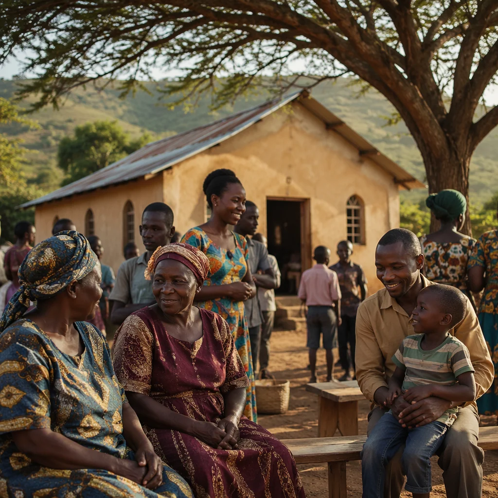 Village Church Gathering Under Acacia Tree