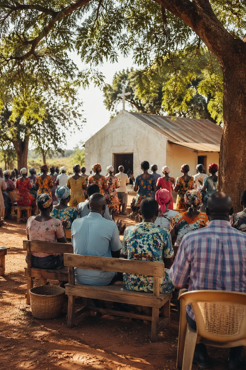 African Village Church Gathering at Sunrise