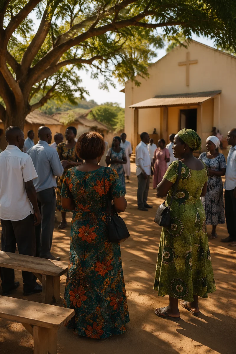 African Village Church Gathering at Sunset