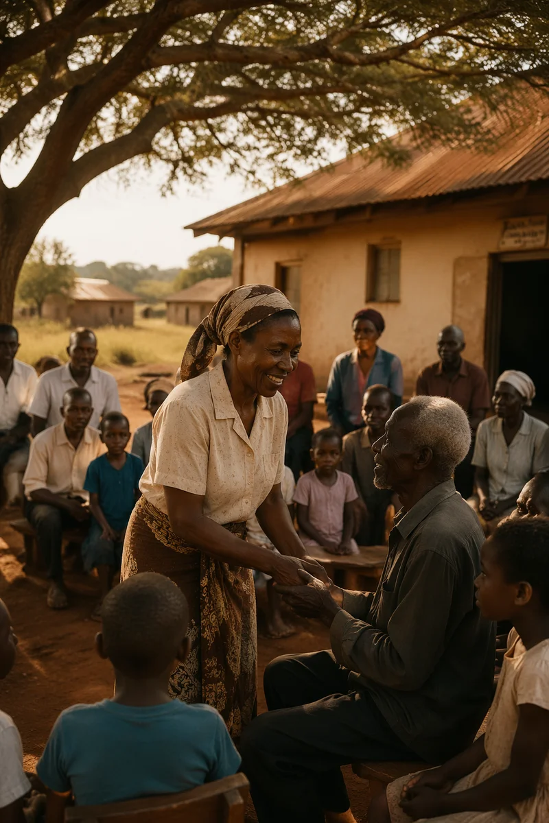 African Village Gathering Beside Rural Church