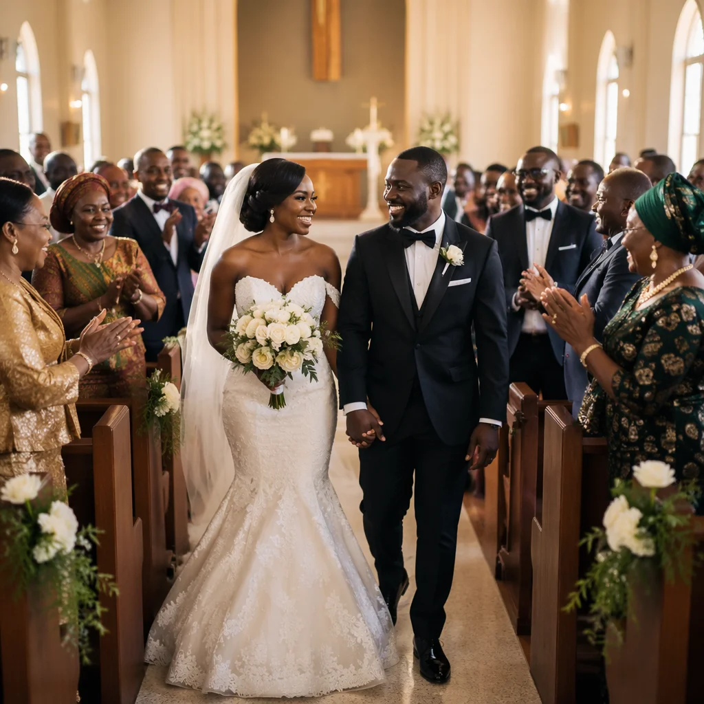 African Wedding Couple Walking Down Church Aisle