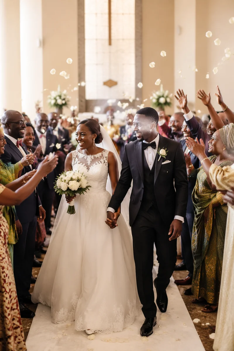 African Wedding Couple Walking Down Church Aisle