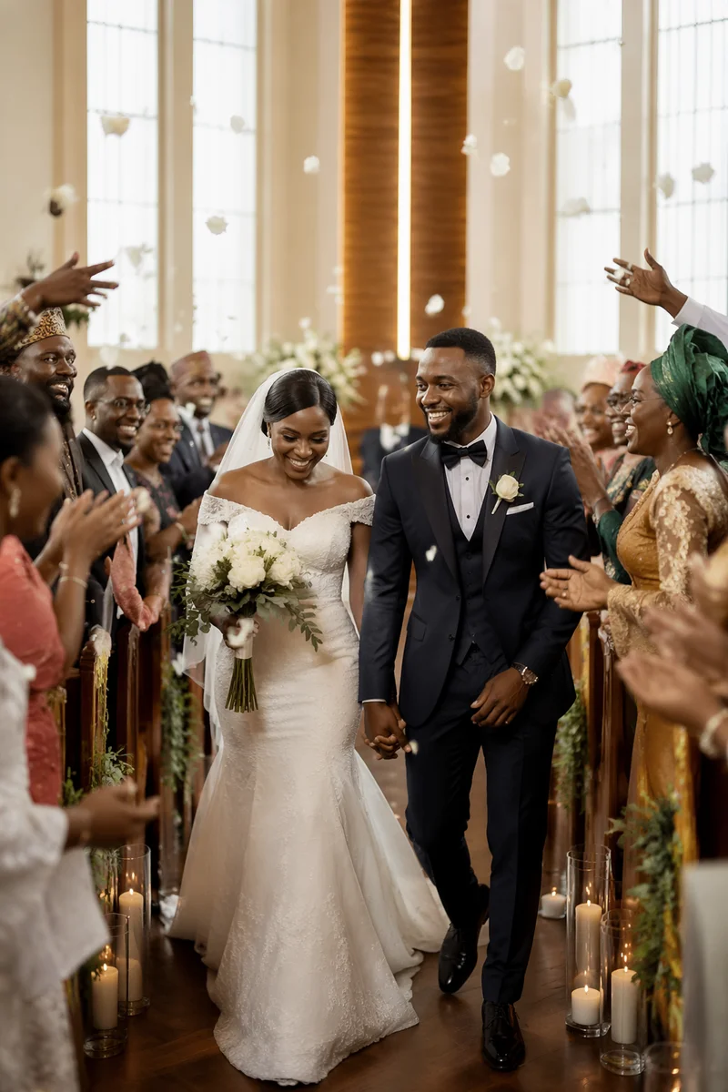 African Wedding Couple Walking Down Church Aisle